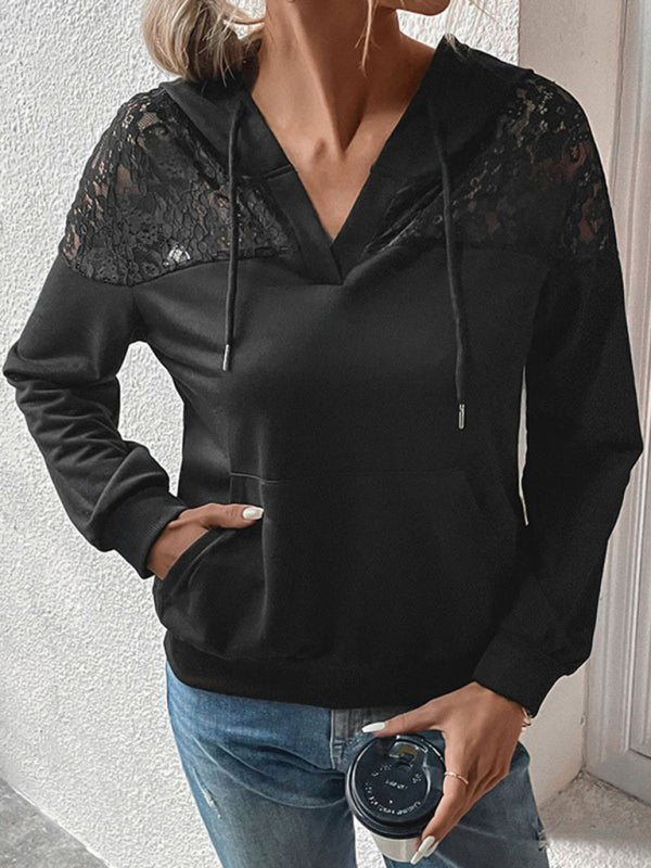 New long - sleeved black lace stitching women's hooded sweater - Outerwear